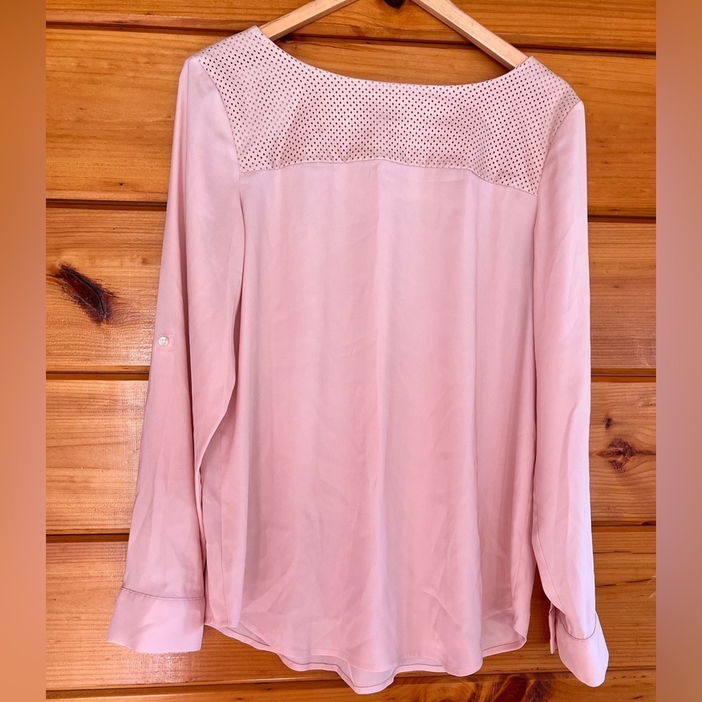 Ann Taylor Woman Size M Pink Top Faux-Leather Long Sleeve Shirt Bout Neck Blouse
